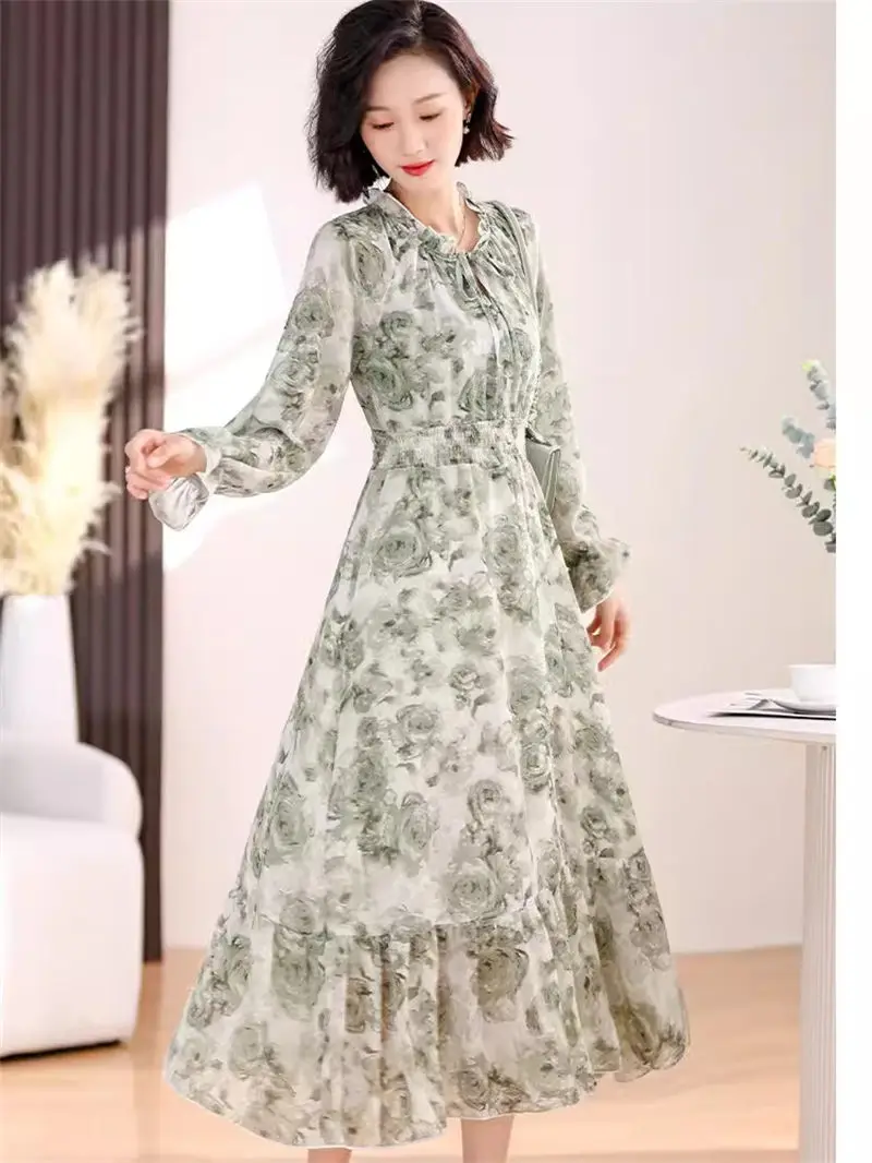 

Large Size Floral Chiffon Dress For Women Spring 2024 New Summer Long Sleeve Fashionable Temperament Slim Mid Length Dress K030