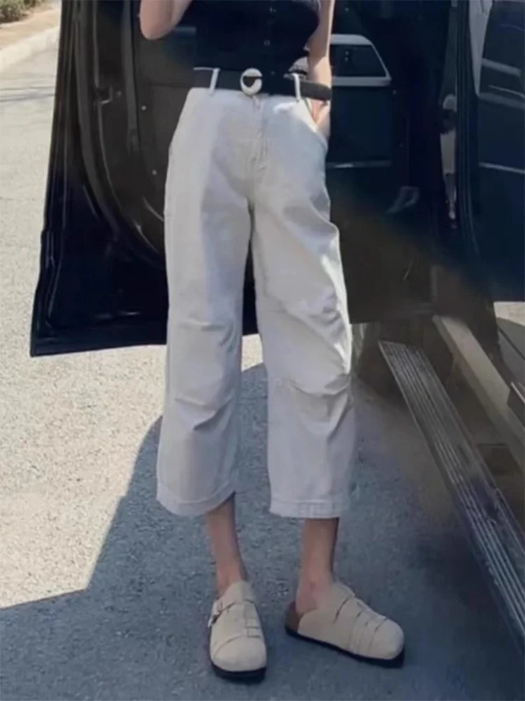 

Белые джинсы-брюки женские, тонкие, прямые, больших размеров, для полных женщин, для невысоких, стройнящие, восьмикратного скидки, рабочие джинсы