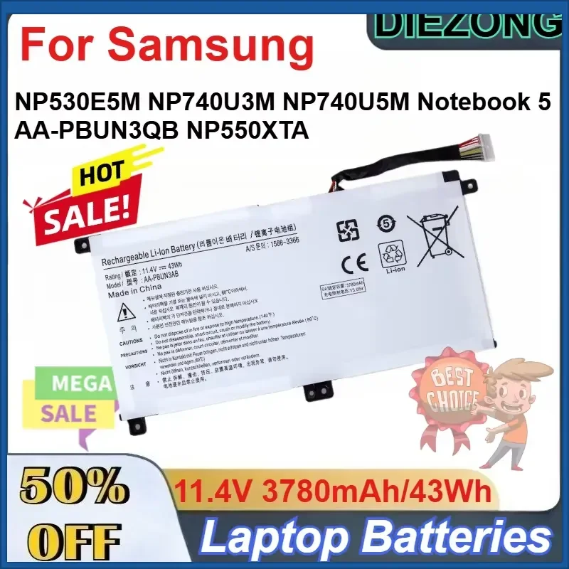 11.4V 3780mAh/43Wh AA-PBUN3AB Battery for Samsung NP530E5M NP740U3M NP740U5M Notebook 5 AA-PBUN3QB NP550XTA Laptop Batteries