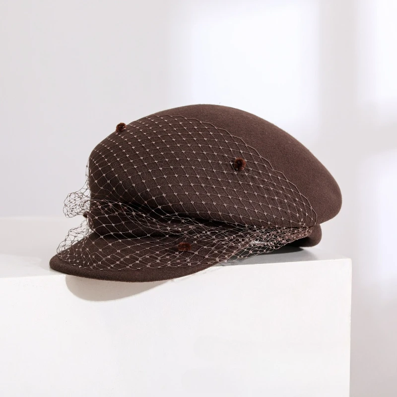 Japanese Elegant Women Wool Fedora Hats With Netting Fabric Classic Dome Equestrian Caps Fashion Outdoor Warm Baseball Cap