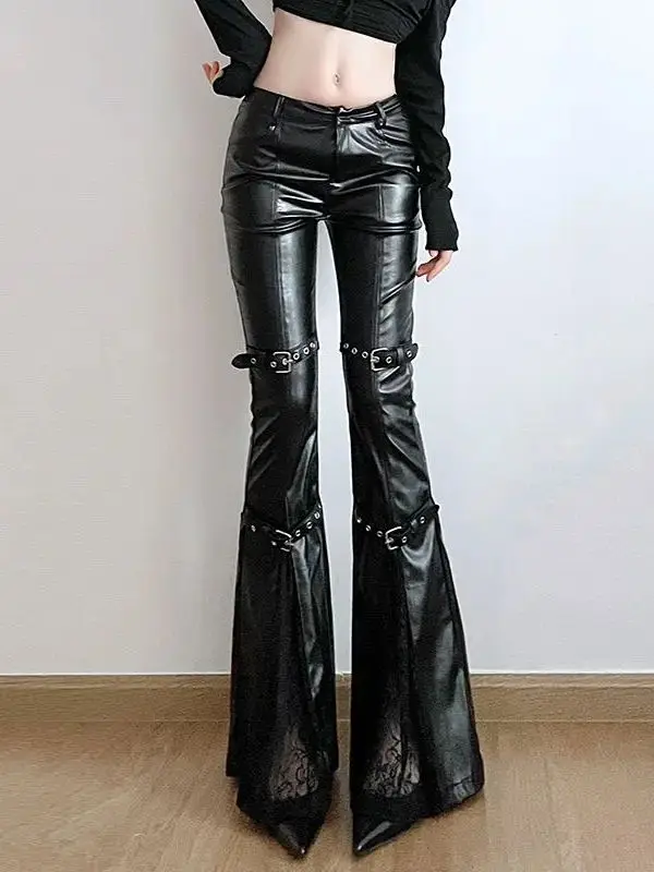 

PU Leather Flare Pant Goth Buckle Lace Patchwork Pants Women Fashion Y2K Streetwear Vintage Aesthetics Casual Trouesrs