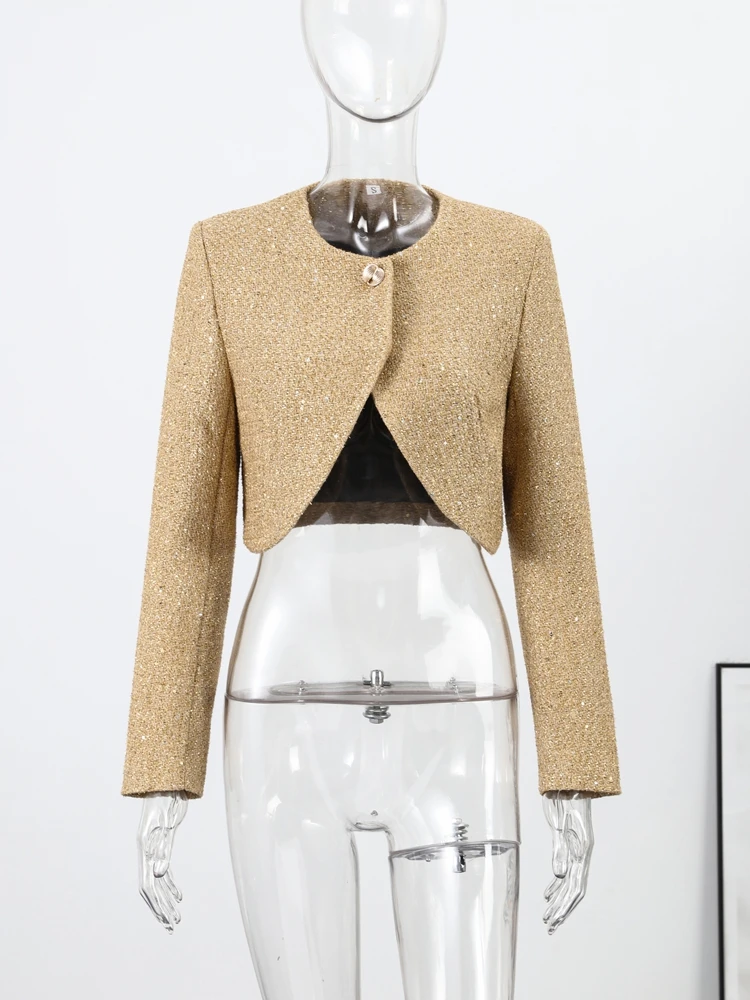 

2026 Spring Sequined Women's Cropped Jacket O-neck One Button Full Sleeve One Button Coats Female Fashion Lady Y2k Party Outwear