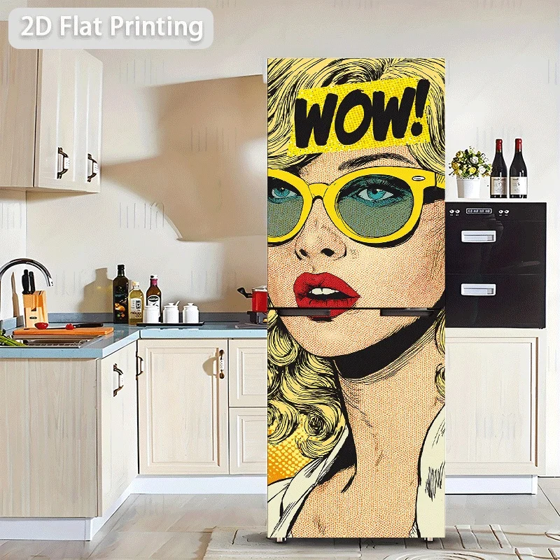 Refrigerator Sticker Wow! (Pop Art Style Female Portrait) Themed Scene Wall Sticker Self-Adhesive Wallpaper Suitable for Cabin