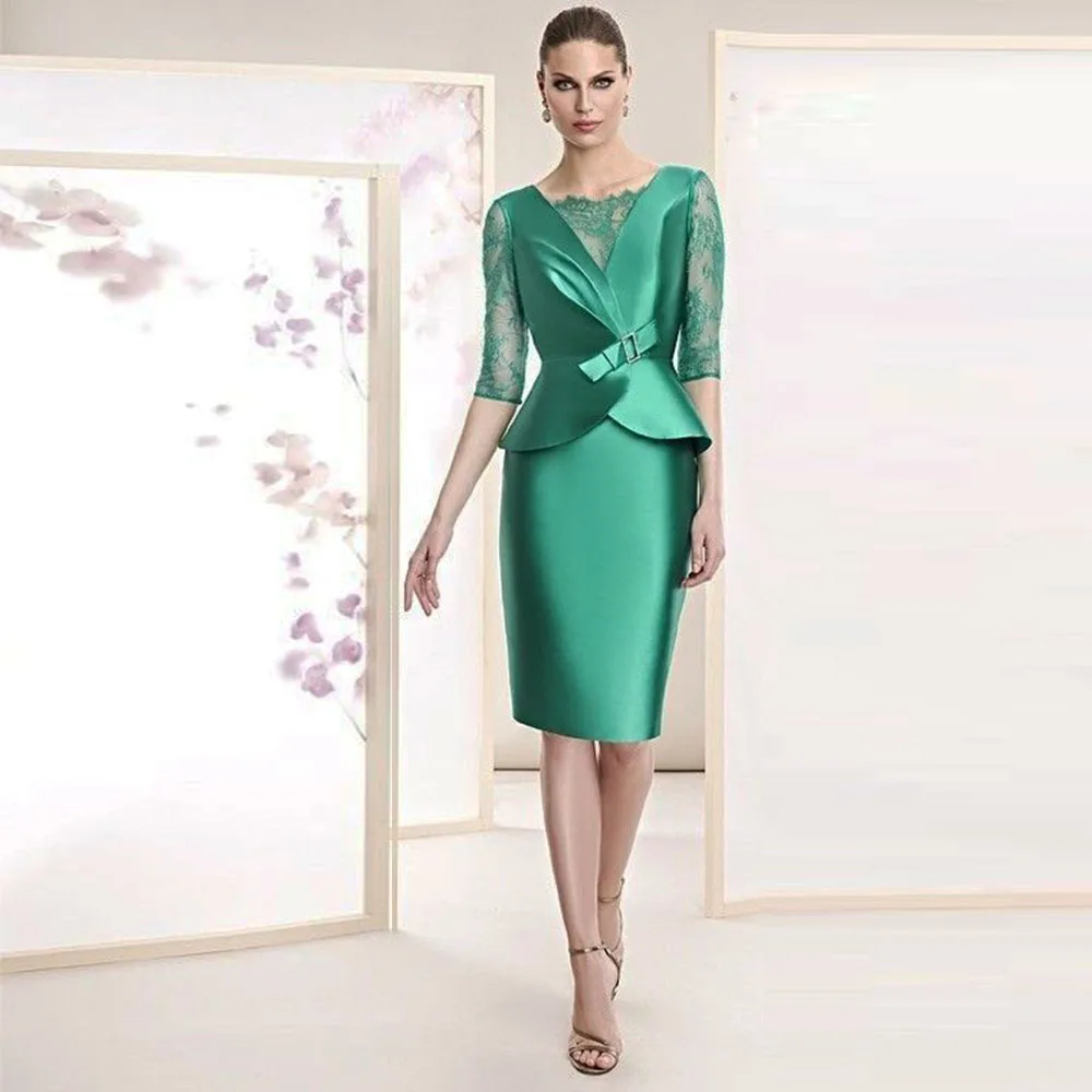 Elegant Dark Green Satin Mother Of The Bride Dresses  For Weddings Evening Gown Knee Length Formal Party  Dress