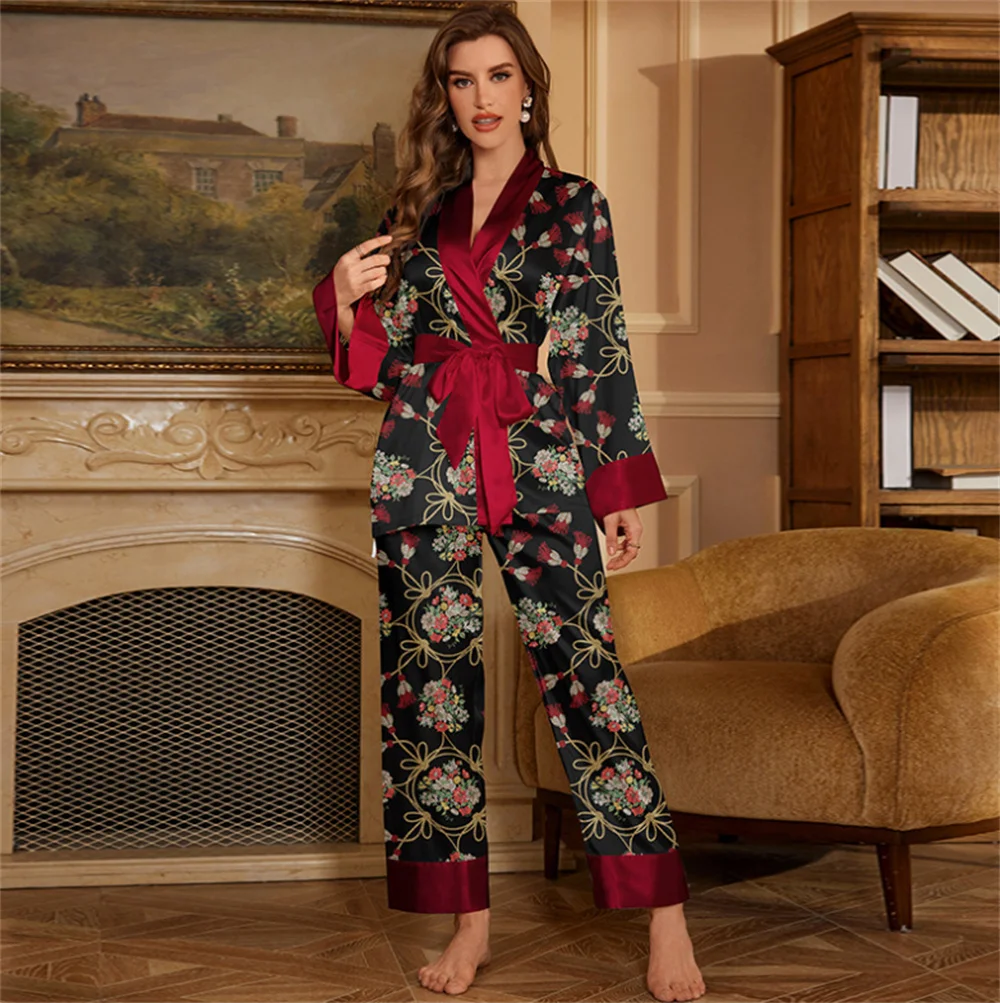 Women's Silk Satin Pajamas Set 2 Pcs  Floral Royal Palace Printing Silky Pj Suit Sleepwear Cami Nightwear