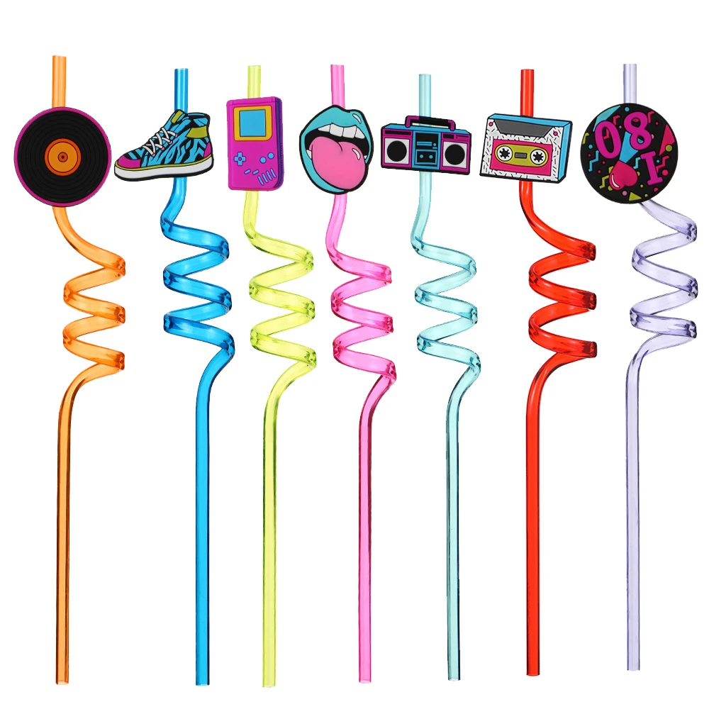 8pcs 80s Party Reusable Straws 80's Rock Disco Party Radio Boombox Mobile Phone Plastic Drinking Straw Hip Hop Retro Party Decor