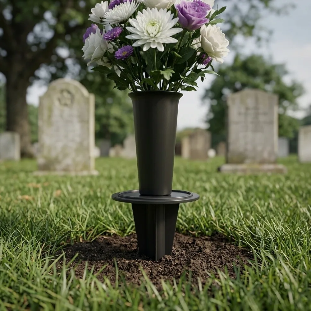 Flower Pot Base Pegs for Cemetery Decor and Outdoor Gardens Featuring Robust Plastic Construction and Ground Stake