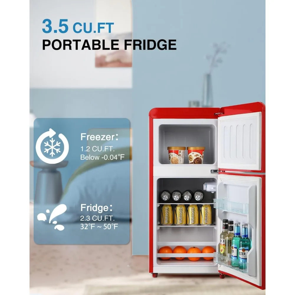 Mini Geladeira com Freezer para Apartamento, Mini Geladeira Vermelha, Prateleiras Ajustáveis, Temperatura de 7 Ajustes, 3,5 Cu. ft