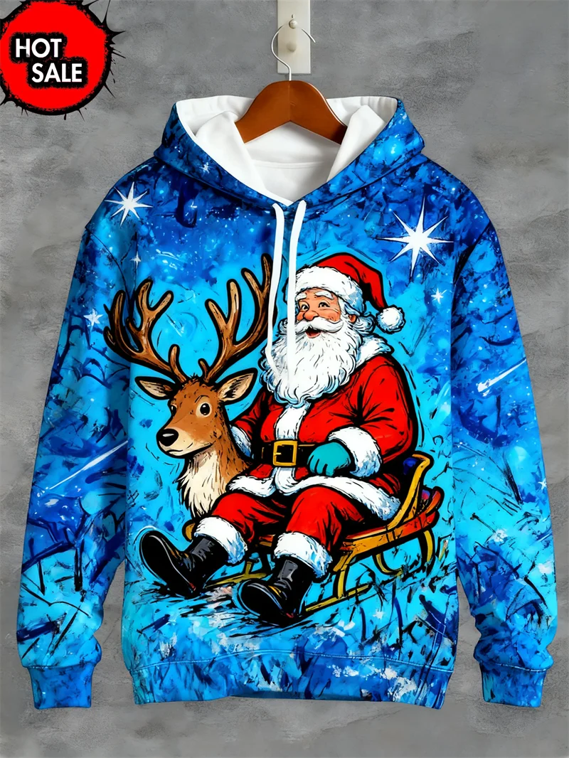 

Christmas Elk Pattern Men's Hooded Sweatshirts Cartoon Santa Claus Printing Hooded Shirt X'mas Clothing Autumn Winter Loose Tops