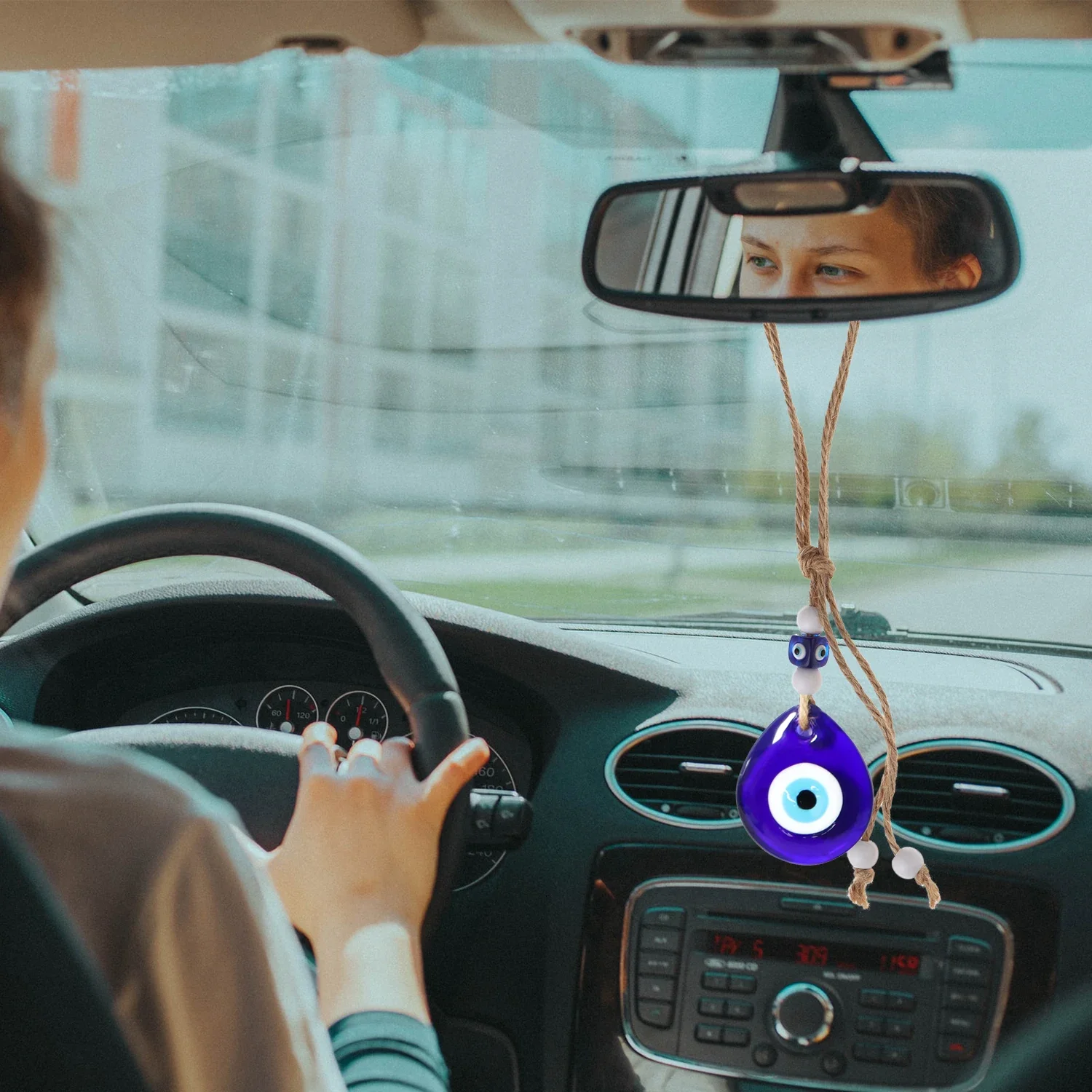 Navy Blue Hanging Car Charm Ornament for Rear View Mirror in Glass Blessing Ornament Evil Eye Reflect Negative Energy Ornament