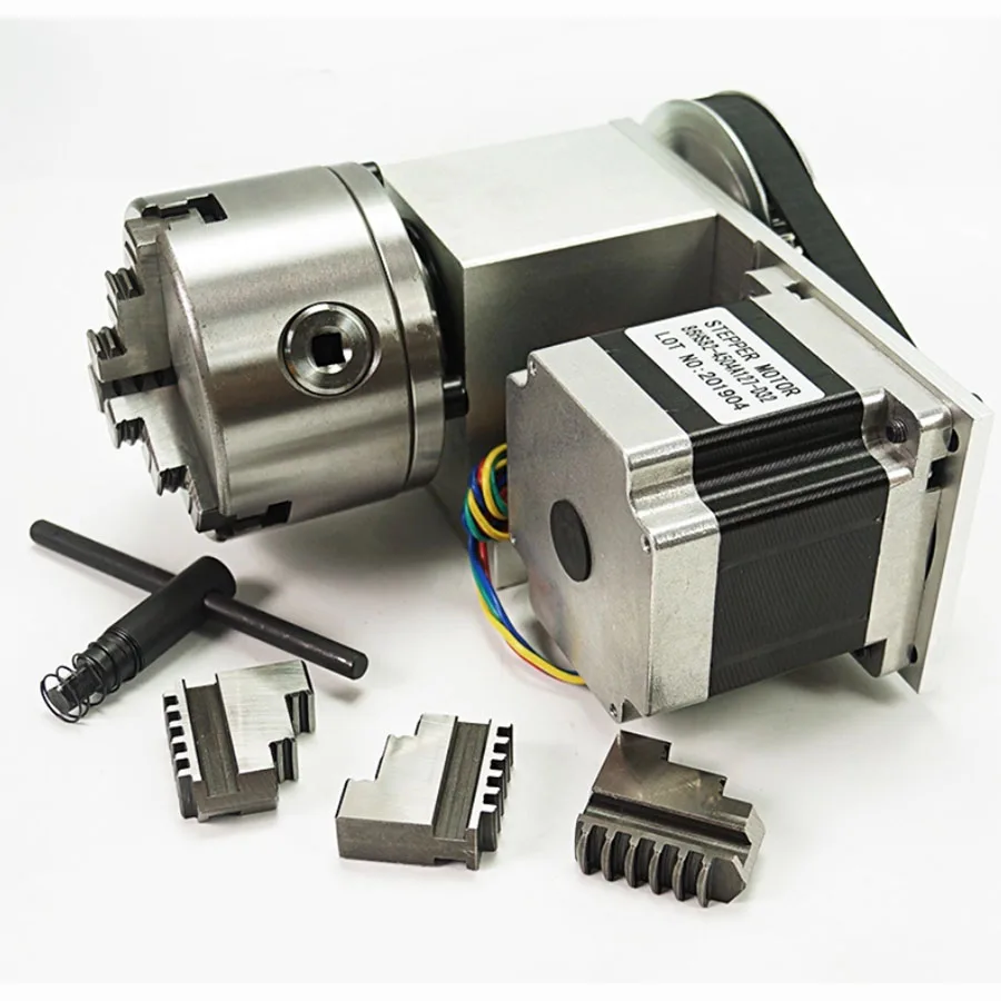 

CNC engraving machine fourth axis rotation axis 100mm three four jaw chuck hollow shaft 86 motor