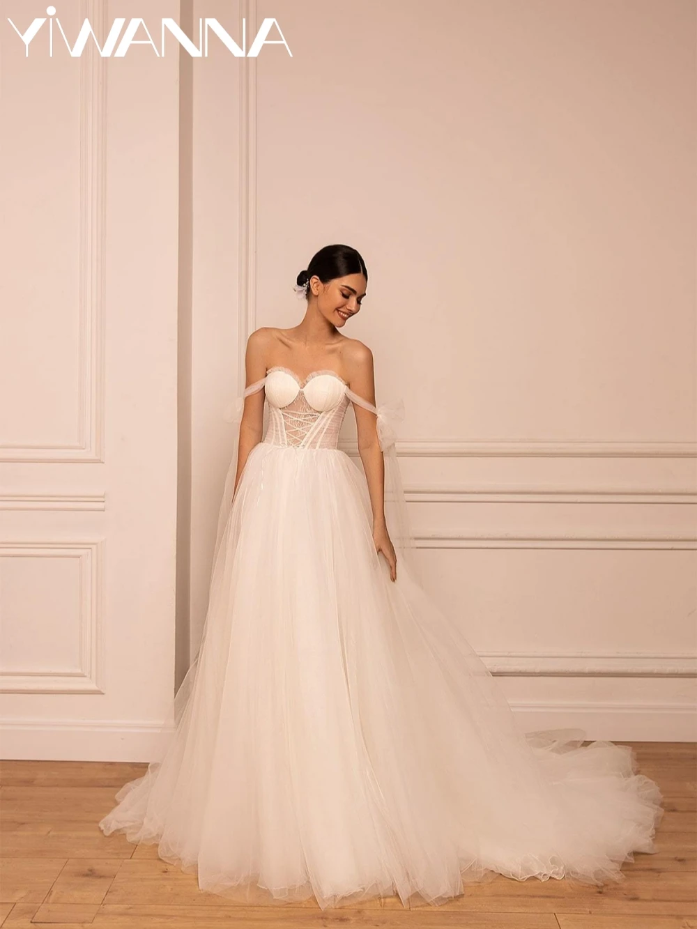 

Puffy Elegant A-line Tulle Long Wedding Dress Romantic Sweetheart Neck ridal Gown Customized Off Shoulder Dresses For Bride