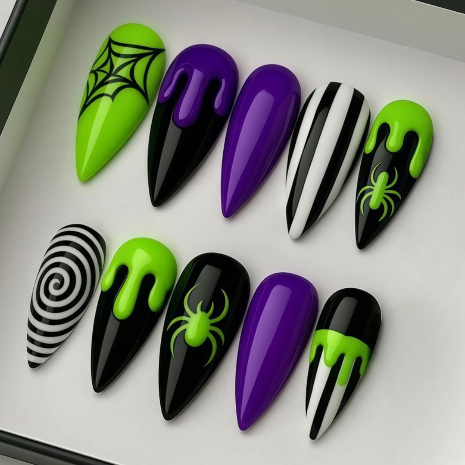 30pcs Black White Stripes Fake Nail For Halloween Fluorescent Green Spider Cobwebs Pattern Press On Nails DIY Cosplay False Nail
