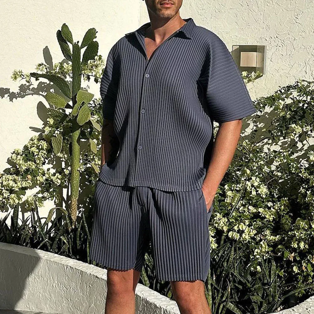 

Men'S Summer Ribbed Two-Piece Short-Sleeve Shirt Shorts Casual Vacation Beachwear 2026New