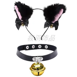 Punk Cat Ear Hair Hoop Collar Set Animation Bell Necklace Women Love Choker