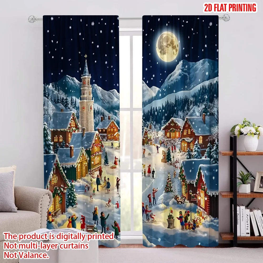

2pcs 2D flat printing Merry Christmas Curtain Cartoon villages and cedar trees 100% Polyester Without Electricity Birthday Party