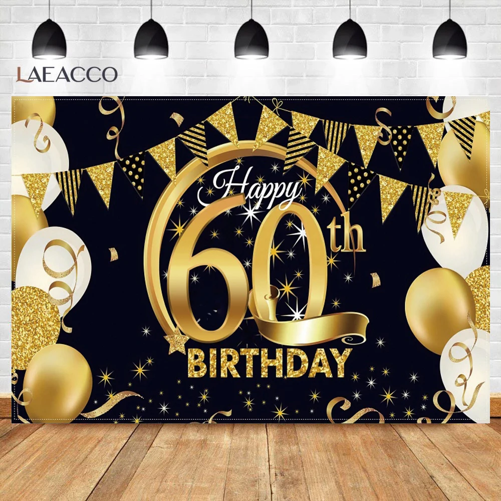 Gold Balloons Happy 60th 50th 40th 30th Adult Birthday Party Ribbon Celebration Poster Photo Background Photography Backdrop