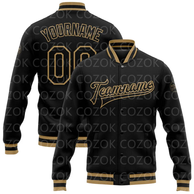 Custom Black Yellow 3D Printed Baseball Button Jacket Bomber Full-Snap Varsity Letterman Jacket