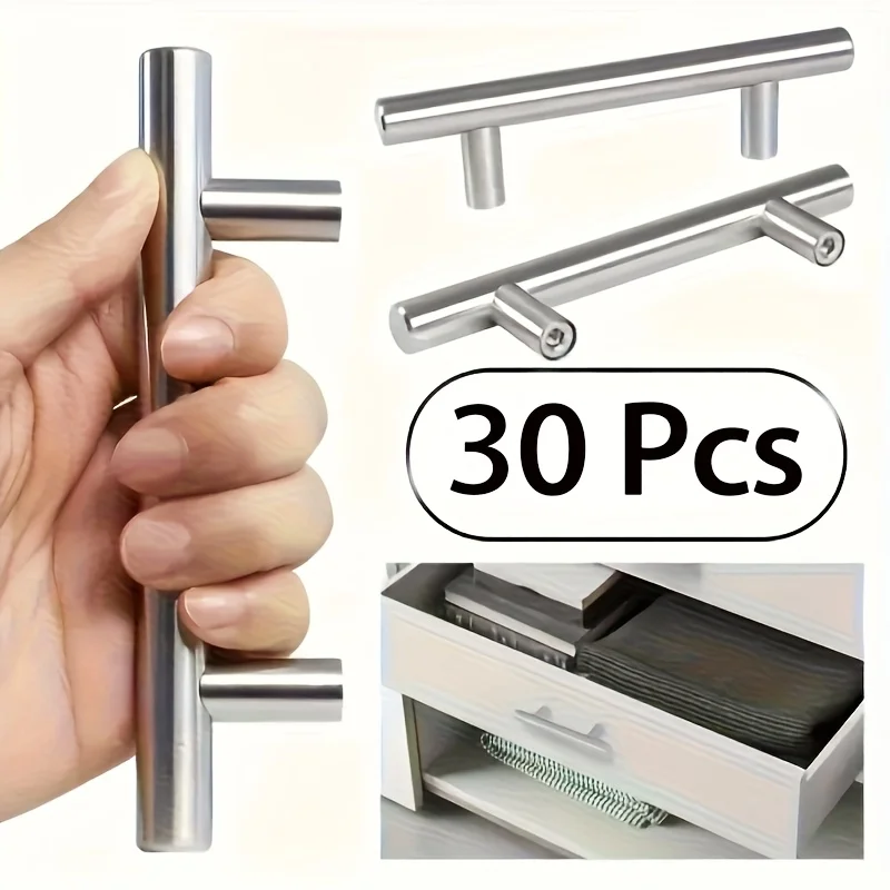 30Pcs Brushed Nickel SS T-Handles - Modern Durable Cabinet Hardware, Easy Grip, Anti-Corrosion for Kitchen/Office/Commercial
