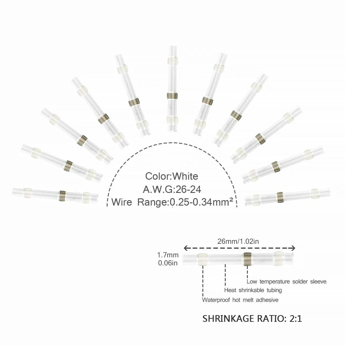 Conectores de Cable blanco de 100/500 piezas, Terminal de soldadura termorretráctil, empalme a tope aislado, impermeable, 26-24AWG