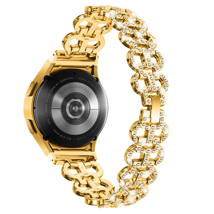 

For Samsung Galaxy Watch6 40 / 44mm Rhinestone Metal Watch Strap Hollow Breathable Watchband with Connector - Gold