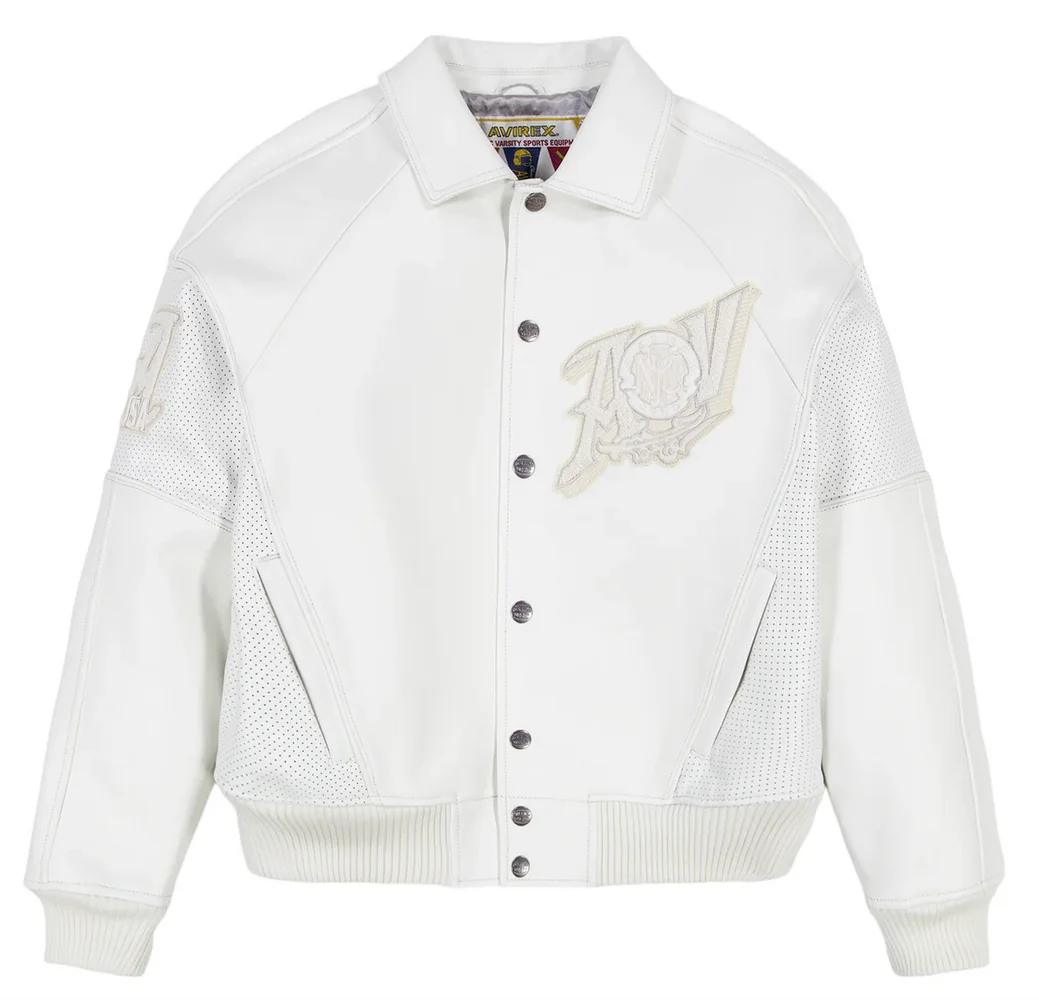 

AVIREX Spring 2025 New ListingGold Club chenille embroidery100% antique European lamb leather jacket men's white leather coat