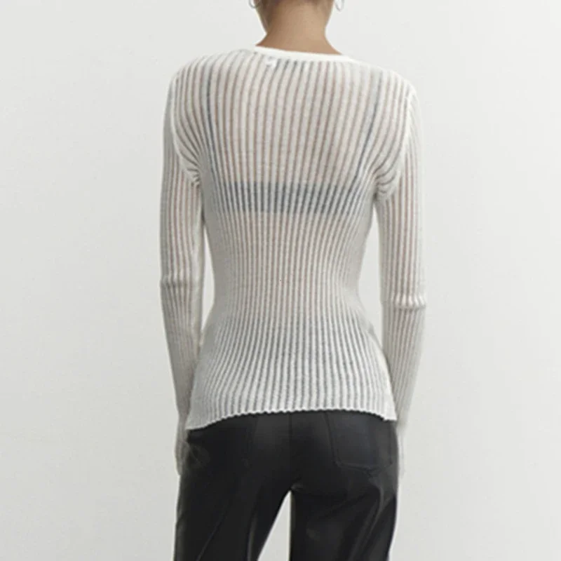 Nice 2023 Fashion White Elegant Striped See Through Women Tops Outfits Long Sleeve T-Shirts Tees Skinny Club Party Clothes