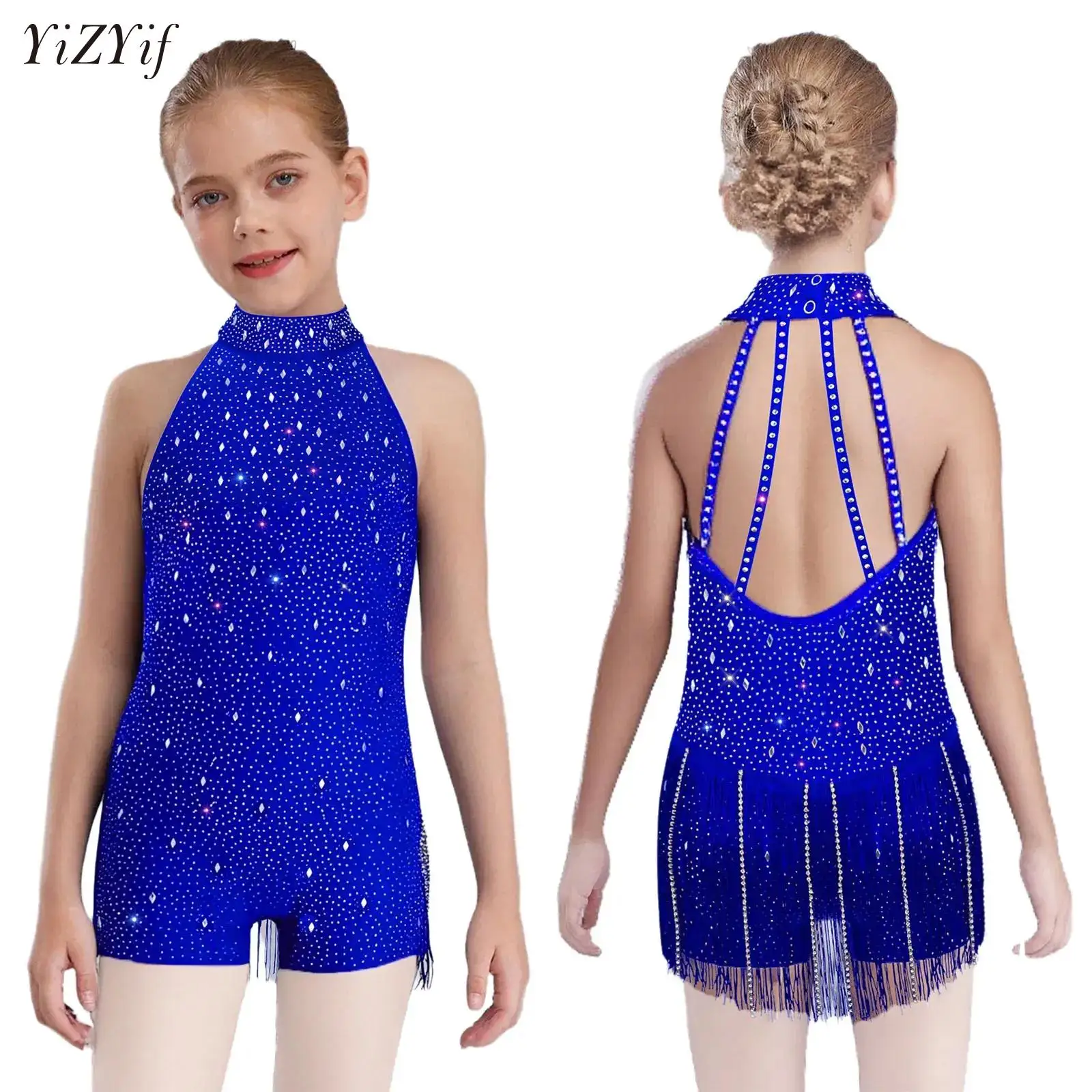 

Kids Girls Gymnastics Jersey Jazz Latin Dance Leotard Dress Stage Performance Costume Shiny Fringed Jumpsuit Bodysuit Dancewear