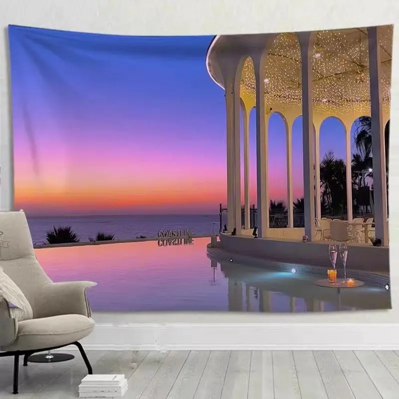 VIKAMA Seaside Scenic Landscape Tapestry, Sunset Ocean Wall Hanging, Bedroom Living Room Decor, Coastal Wall Art Backdrop