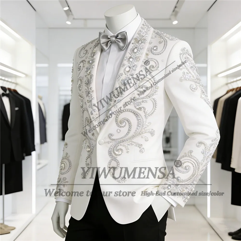 

Exclusive Jewelry Stones Suit Men Single Breasted Jacket Pants 2 Piece Set Trajes Para Hombre Customized Groom Wedding Tuxedos