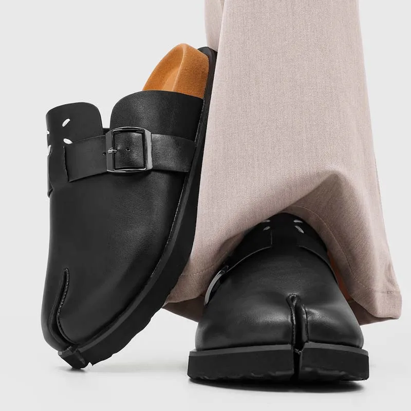 Men's Split Toe Leather Clogs Thick Sole Mules Japanese Style Buckle Strap Slippers Casual Shoes 2026 New Size 38-46 Comfortable