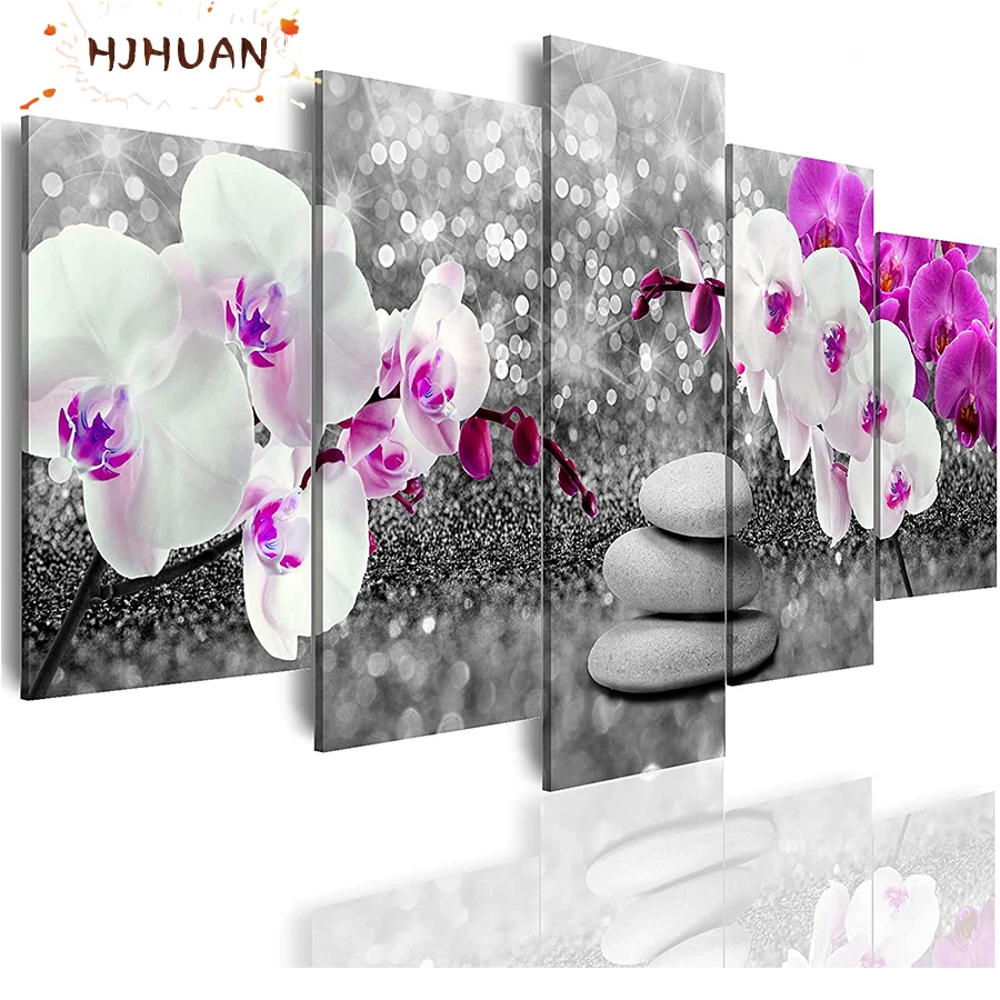 5pcs stone, white magnolia flower diamond painted full diamond round diamond mosaic pattern home decoration DIY handmade