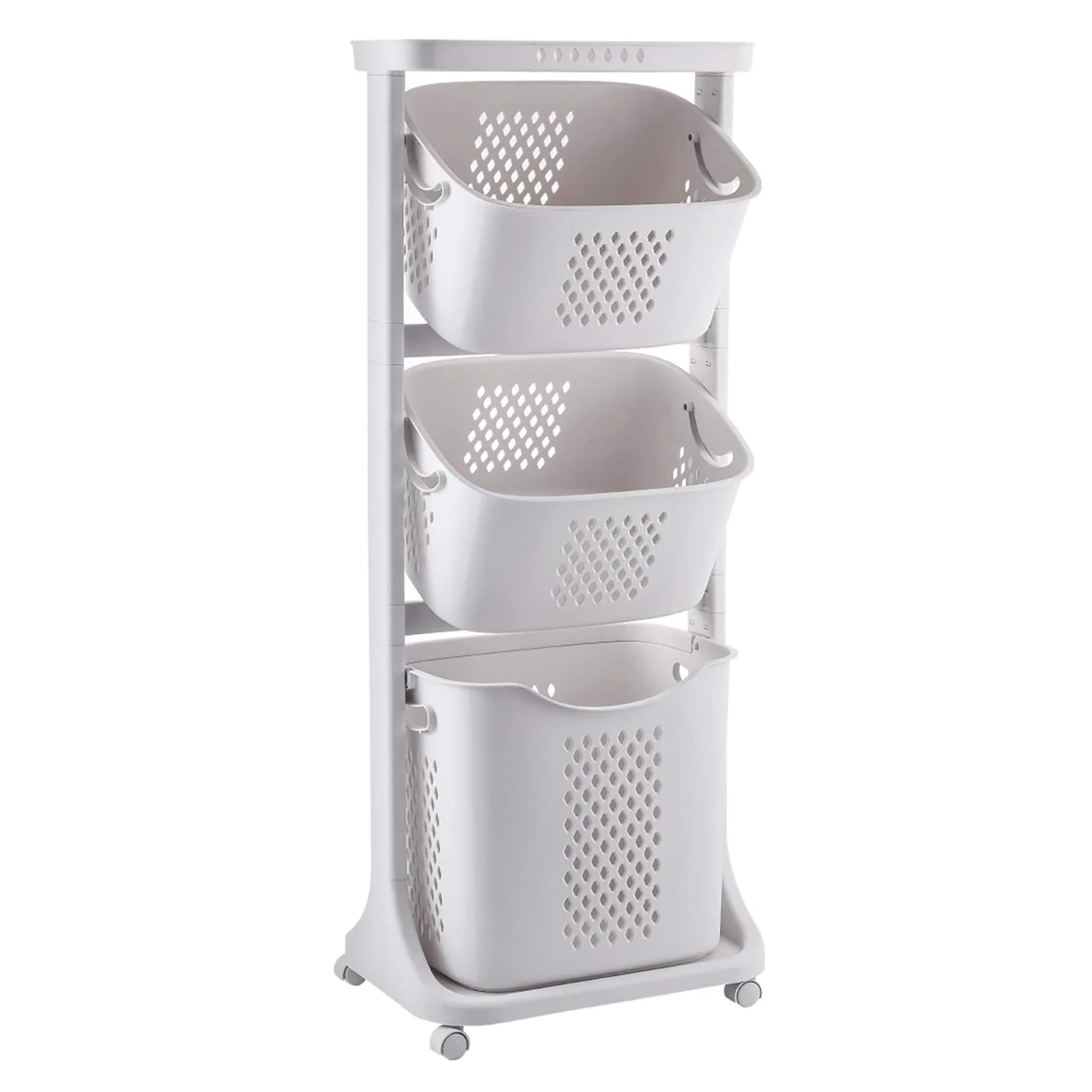 Carrello per la biancheria, cesto per la biancheria, contenitore per la biancheria con 3 cesti rimovibili e 4 ruote, colore bianco.