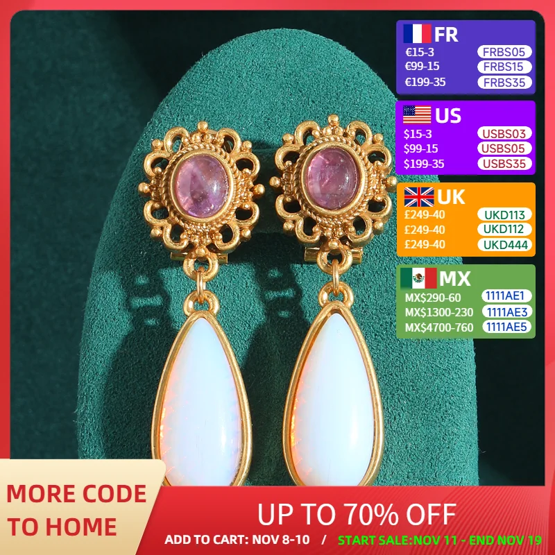 

Vintage Moonstone Long Earrings Luxury For Woman Water Drop Natural Stone Opal Purple Gold Color Jewelry Wedding Accessories