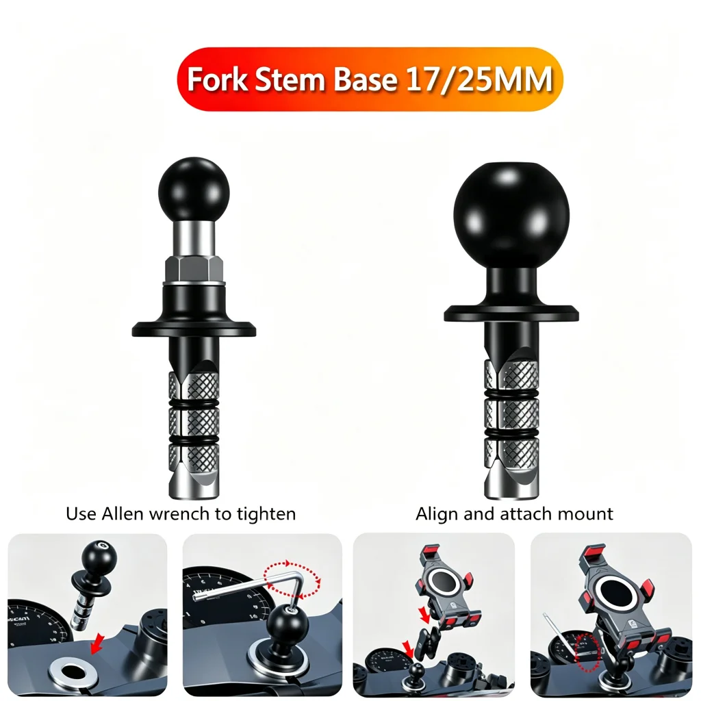 Metal Motorcycle Fork Stem Mount Base with 1'' 25mm 17mm TPU Ball for Stem Holes 12mm to 25.4mm in Diameter for Phone Holder