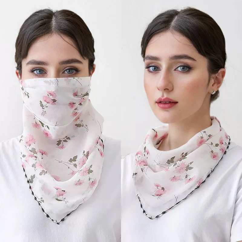 Sonnenschutz-Blumenschal für Damen, verstellbarer Schutz für das Gesicht, Chiffon-Druckmaske, Nackenschutz-Bandana aus Eisseide – Detail 4