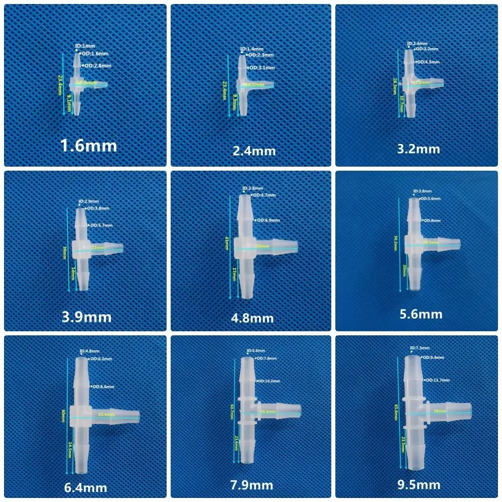 10Pcs 1.6-15.8mm T-Type Tee Connector Plastic PP PE 3 Way Connector Equal Diameter Soft Hose Fittings