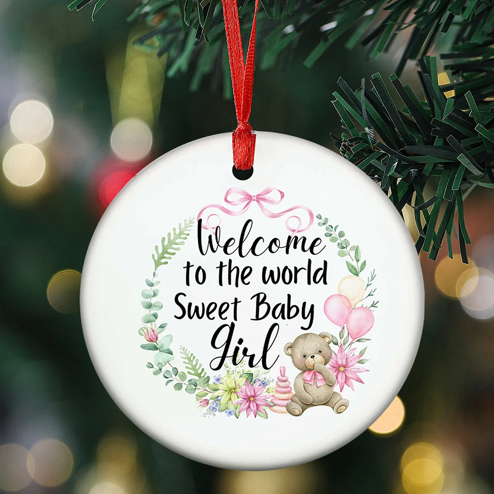 واحد، مرحبًا بكم في العالم على شكل قلب للفتيات الصغيرات، زينة معلقة على شجرة عيد الميلاد من الأكريليك، ديكور منزلي لعيد الميلاد