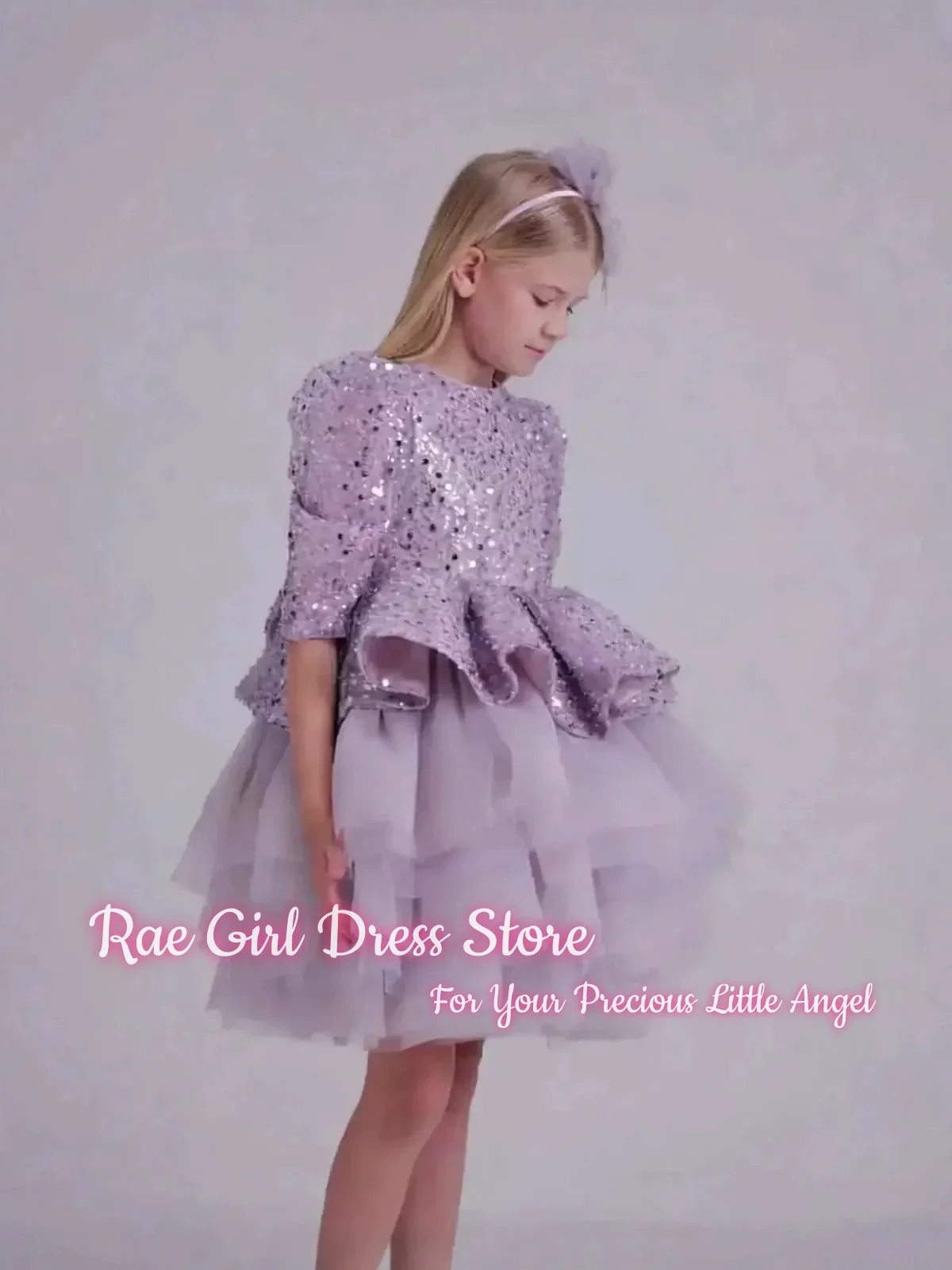 Sparkly Sequin Half Sleeve Flower Girl Dress For Wedding Birthday Pageant A Line Short Puffy Tiered Tulle Gown Customized