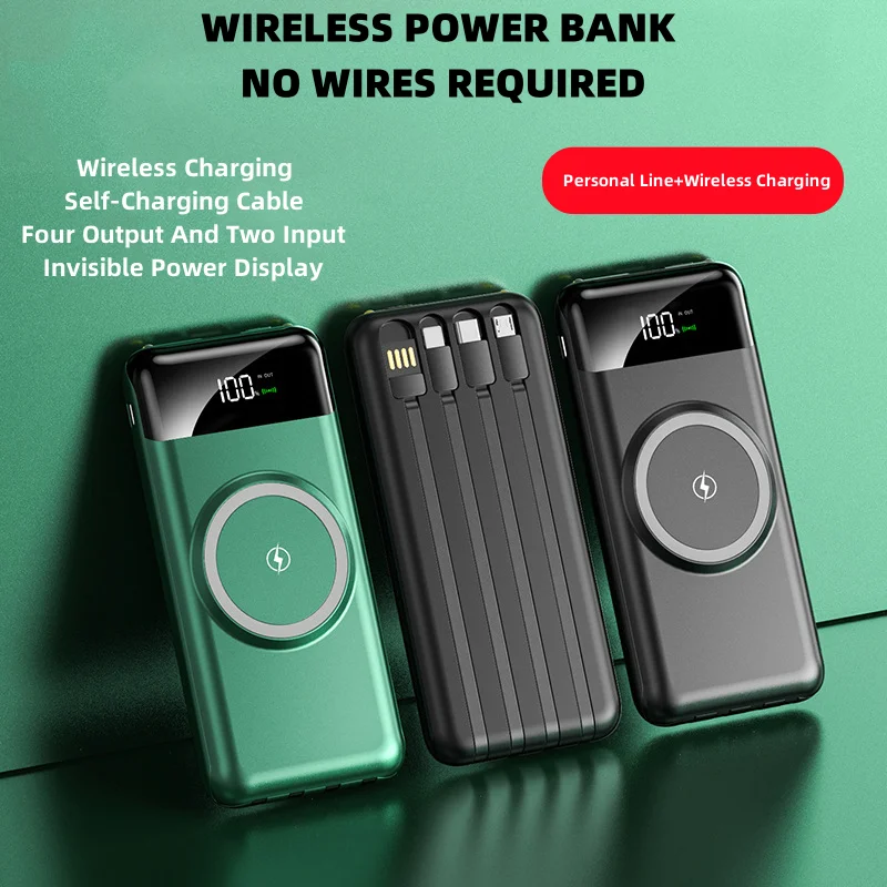 Three-In-One Wireless Charging 20000mAh Power Bank Built-In Four-Wire Power Bank Large Capacity External Battery 2023 Newest