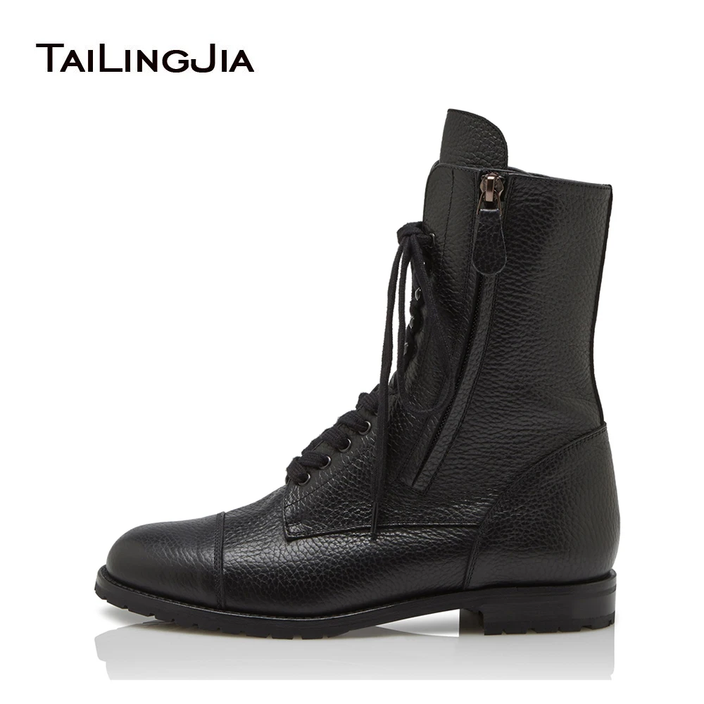 

Female Ankle Boots Winter Black PU Leather Martin Boots Round Toe Lace Up Plus Size Women Booties Flat Shoes