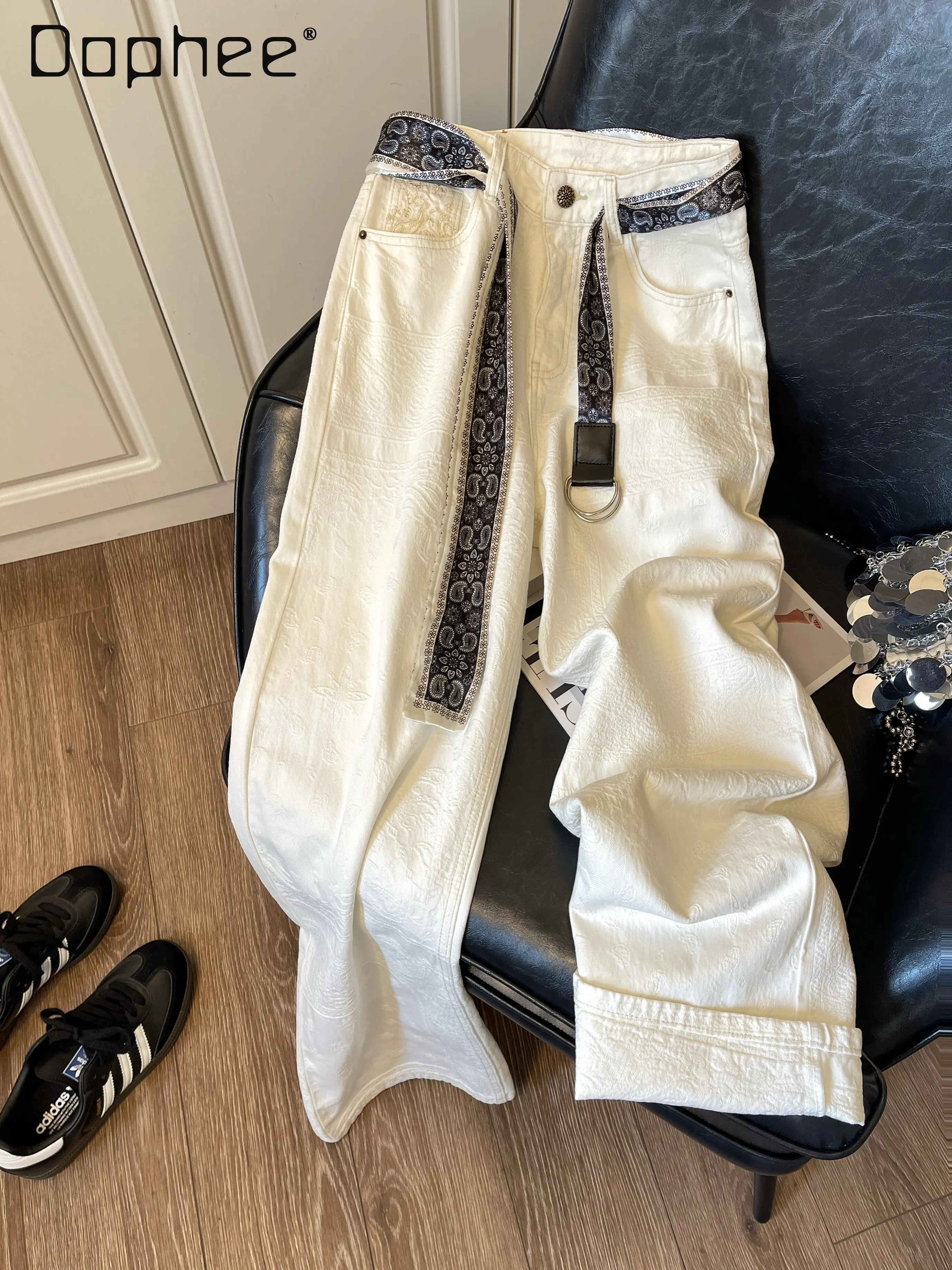 

Korea Fashion White Jeans Women's Summer New Retro Light Luxury Retro Jacquard Causal Straight Pants Mopping Wide-leg Pants