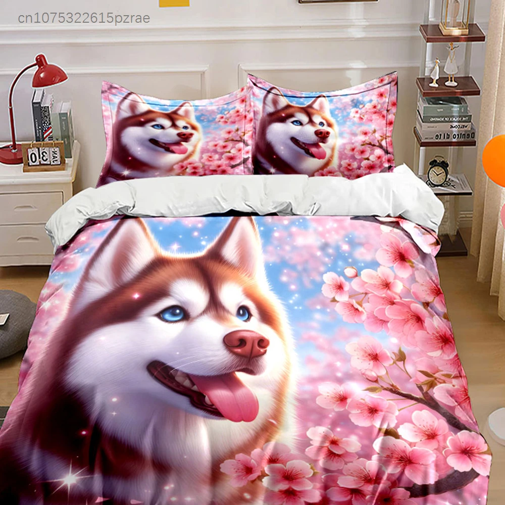 Adorable Red Husky With Cherry Blossoms 3PCS Bedding Set Soft Microfiber Bedding Set For Dog Lovers Spring Vibe Bedroom Decor