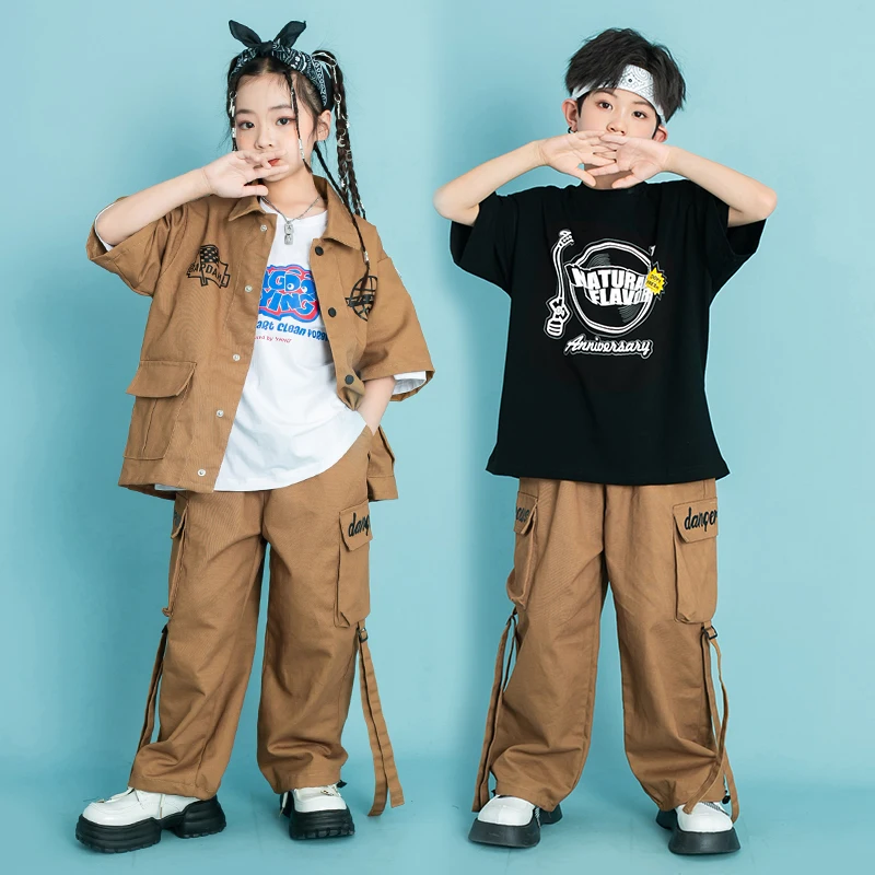 Kids Stage Wear Showing Outfits Hip Hop Clothing Khaki Oversize T Shirt Casual Pants for Girl Boy Jazz Dance Costume Clothes