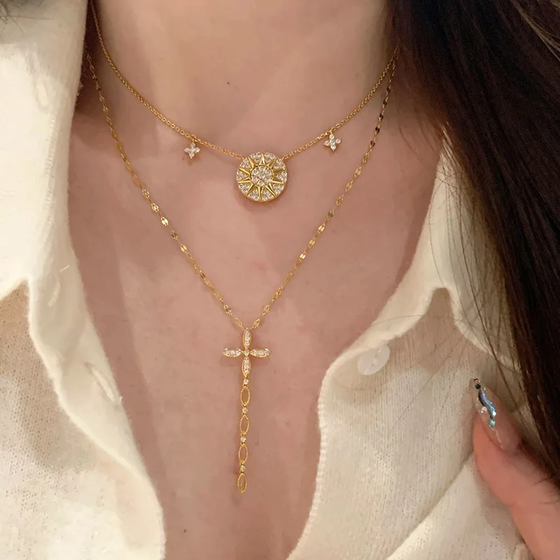 ElegantHX  Eight-Pointed Star Compass Pendant Necklace for Women with Detachable Fringe Cross Charm Versatile Layering Jewelry