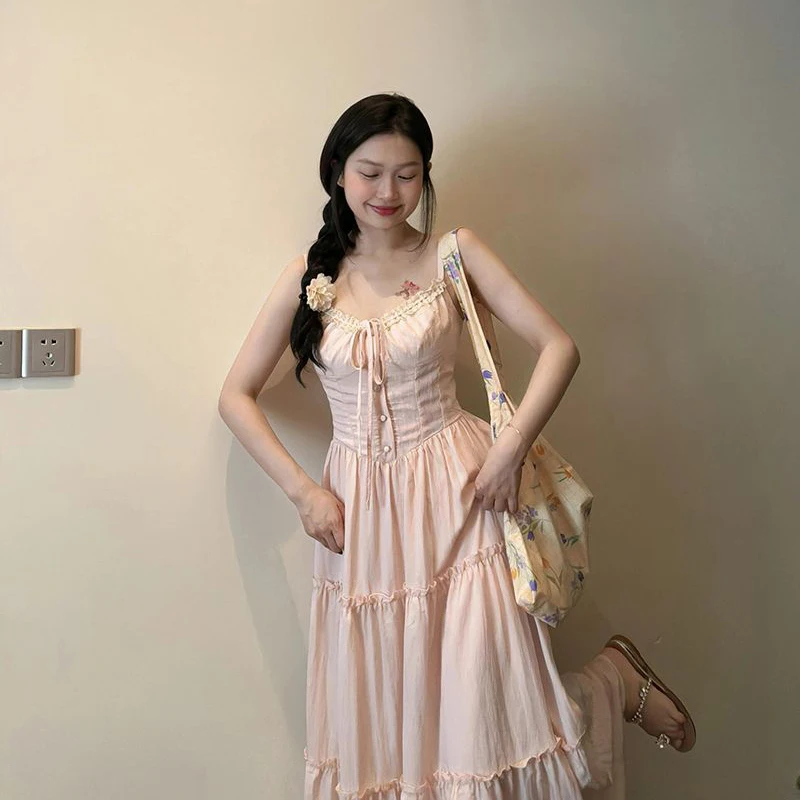 Pink Patchwork Camis Dress Women Sexy Chic Spaghetti Strap Long Dress Korean Fashion All Match Square Neck Casual Slim Vestidos