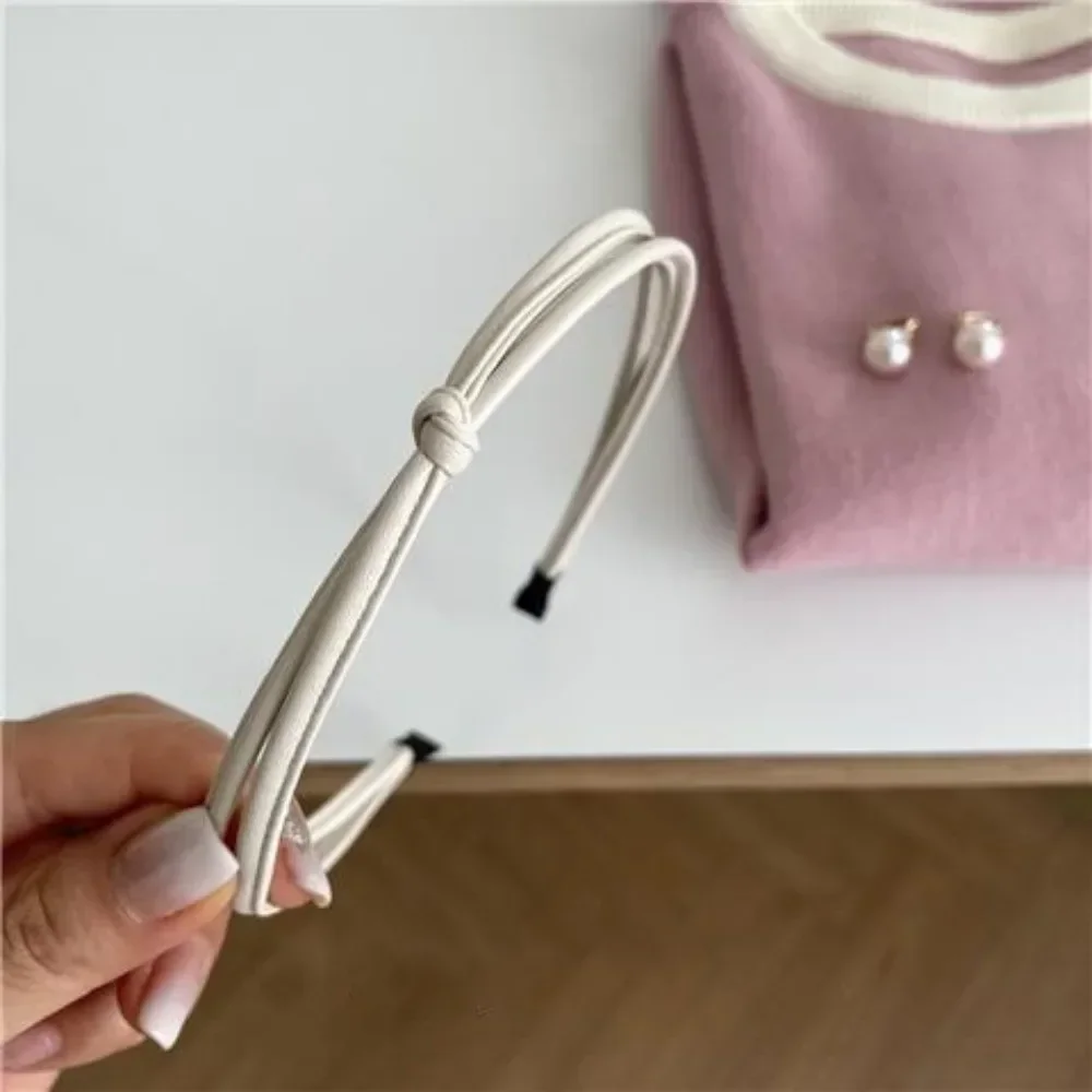 Vintage Knotted Thin PU Leather Solid Color Headband for Women Retro Elegant Hair Band Female Hair Hoop Korean Hair Accessories