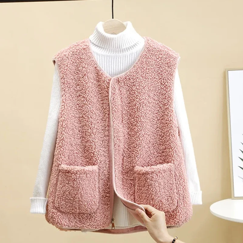 

Oversized 4xl Faux Lambswool Loose Candy Colors Vests Jackets Winter Thick Warm Sleeveless Pockets Women Coats All-match Outwear