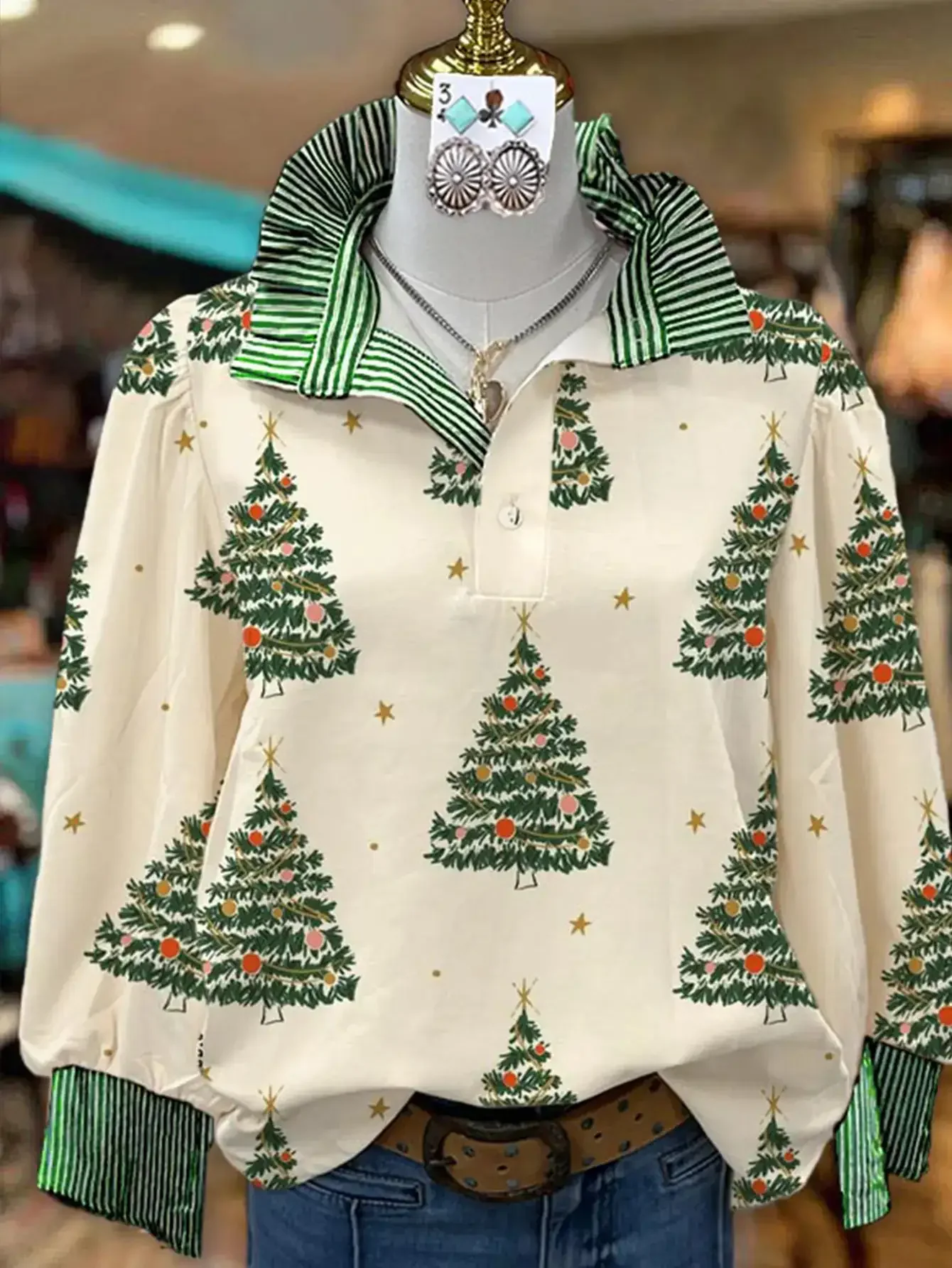 Women's Plus Size Long Sleeve Stand Collar Shirt with Creative Print for Spring, Autumn,  Elastic fabric, holiday shirt