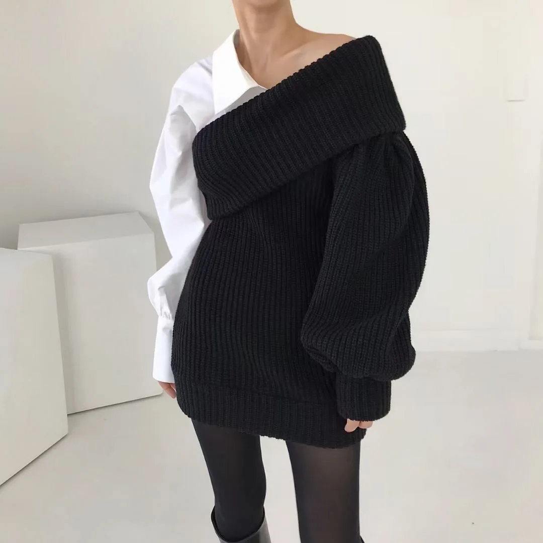 [EWQ] Beautiful Dress Korea Chic Slim Patchwork Knitted Design Pullover Sweater Dress Fake Two Pieces 2024 Autumn Winter 16R1356